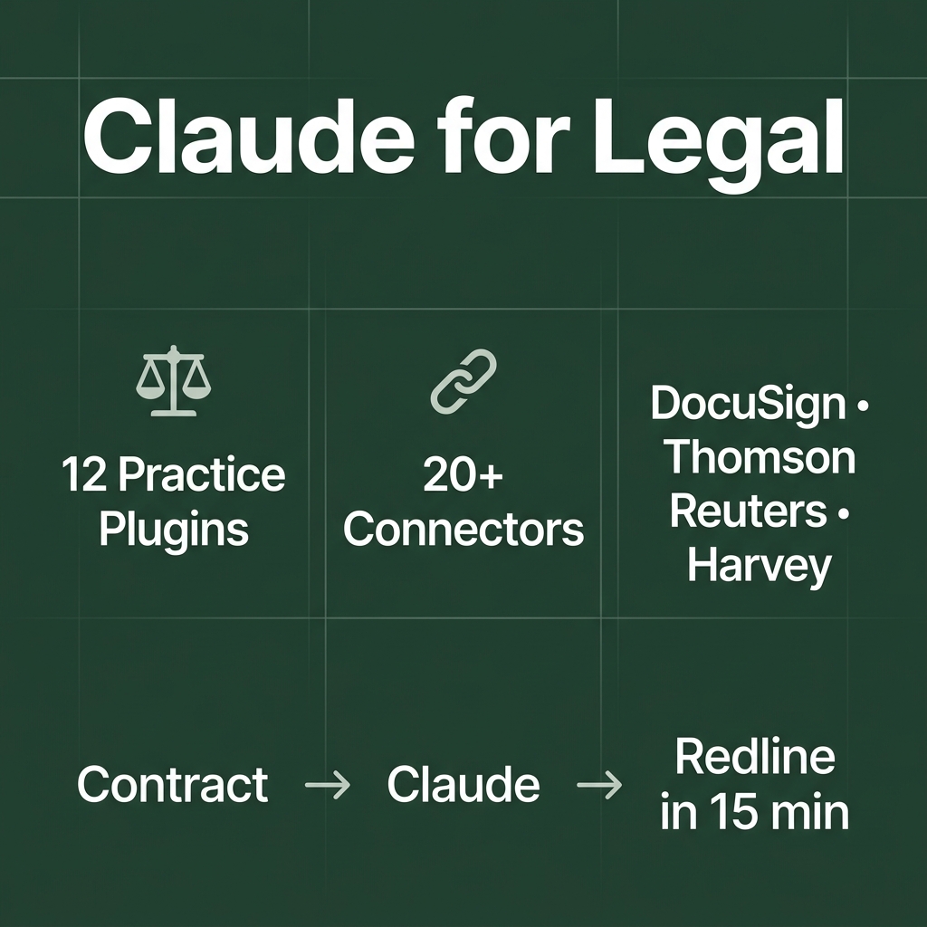 Claude for Legal — 12 Practice Plugins, 20+ Connectors, DocuSign Thomson Reuters Harvey